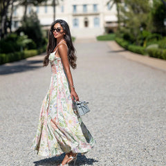 Strappy Corset Bustier Maxi Dress With Floral Motif
