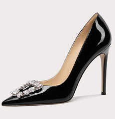 Black Crystal Embellished Stiletto Heels | Patent Pointed Party Pumps