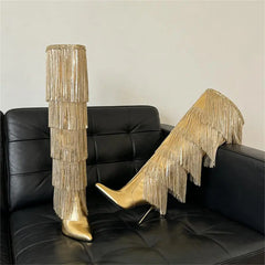 Pointed Toe Metallic Fringe Boots