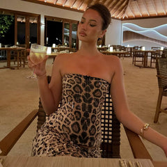 Sparkle Leopard Print Strapless Top And Midi Skirt Matching Set