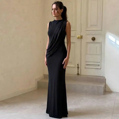 High Neck Draped Ruched Maxi Dress