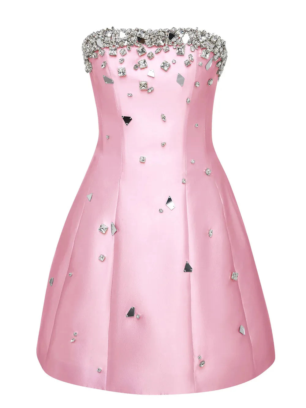 Pink strapless dress with embellishments on a white background