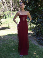 Burgundy Strapless Fringed Maxi Dress