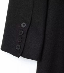 Close-up of a black coat with buttons on a white background