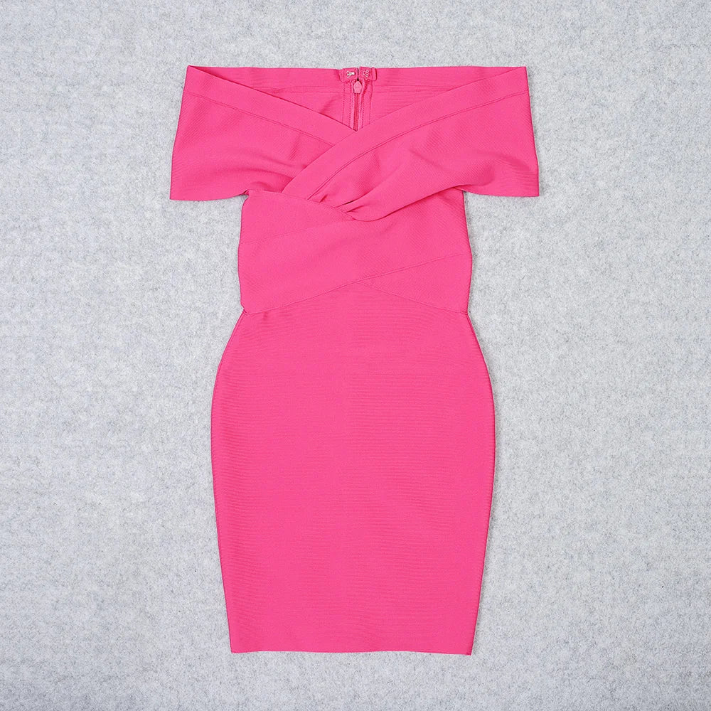 Pink off-shoulder dress on a gray background