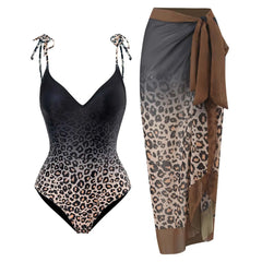 Tie-Strap V-Neck One-Piece Swimsuit with Matching Sarong Set