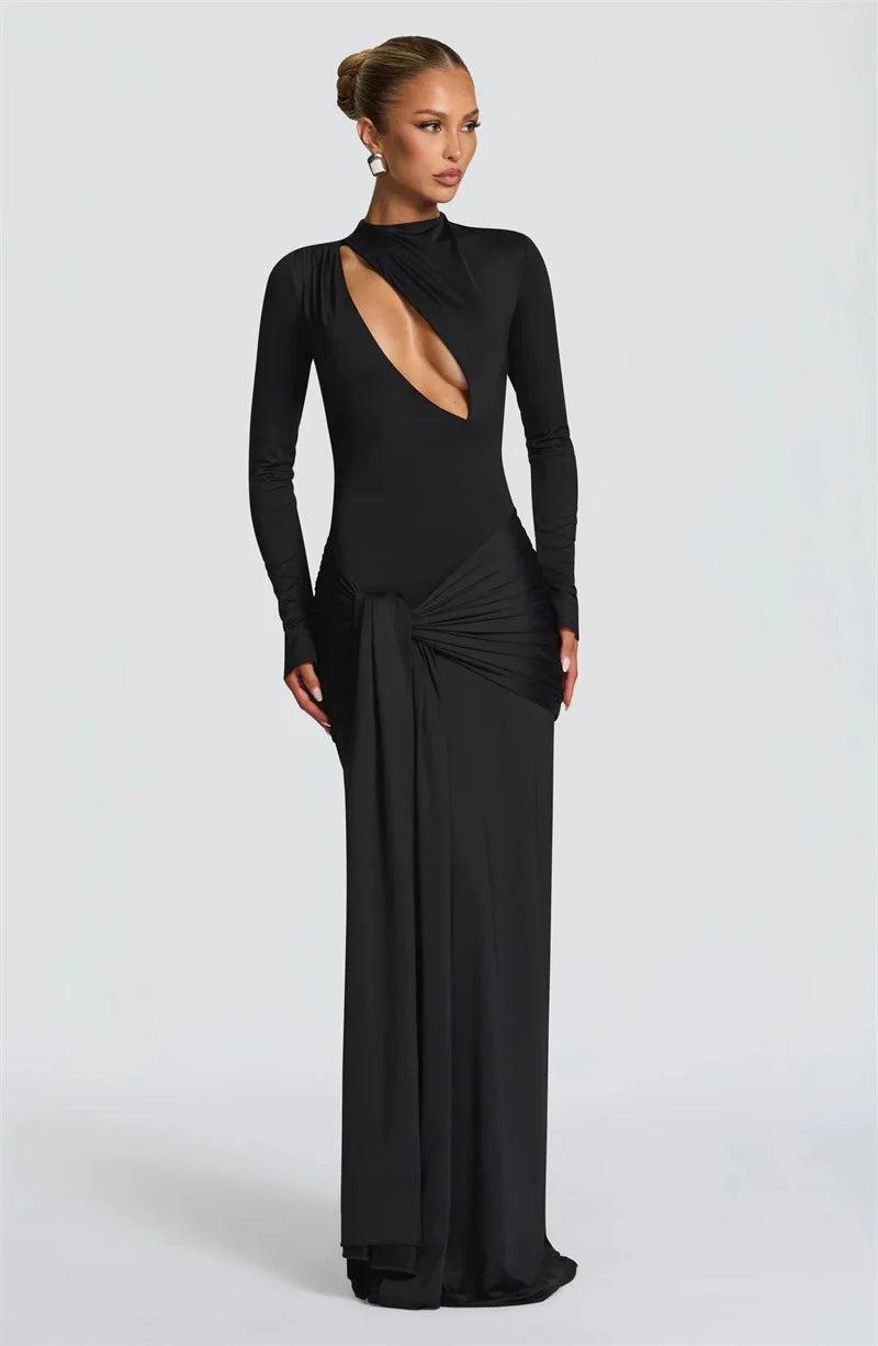 Black evening gown with a plunging neckline