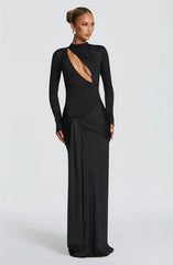 Black evening gown with a plunging neckline