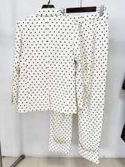 Polka Dot Bow Blazer and Wide-Leg Pants Set