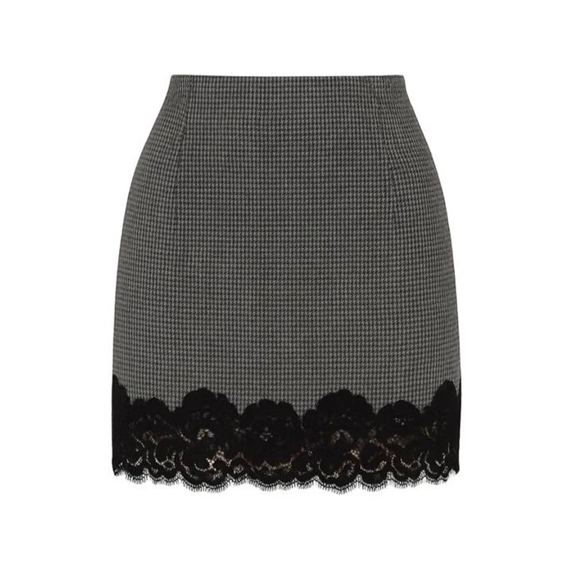 Black and white checkered skirt with black lace trim on a white background