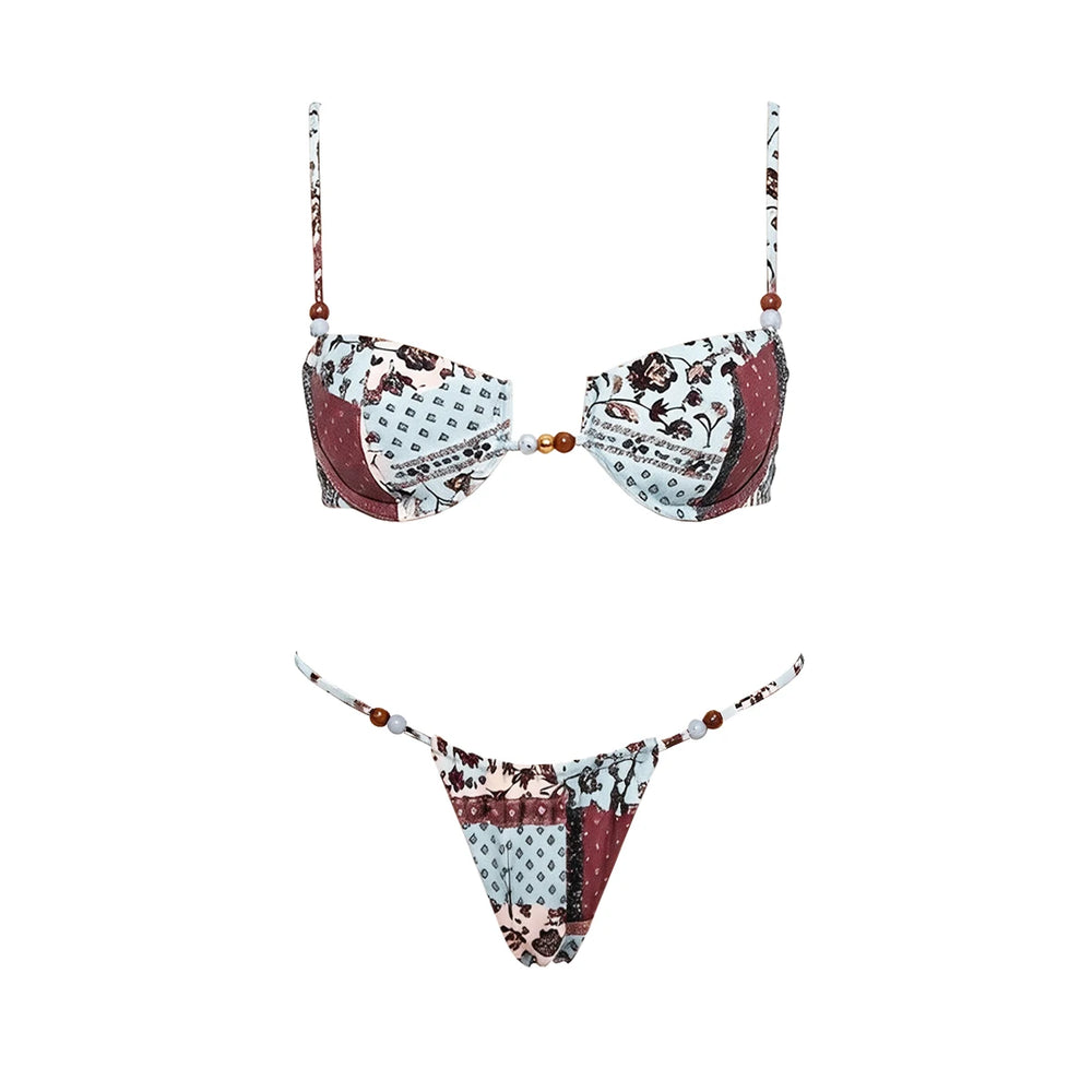 Patchwork print bikini top and bottom detail.