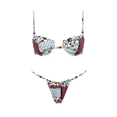 Patchwork print bikini top and bottom detail.