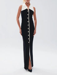 Turndown Collar Pearl Button A-line Black Midi Dress