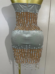 Silver Rhinestone Pearl Chain Mesh Mini Dress