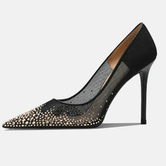 Black rhinestone mesh stiletto pump
