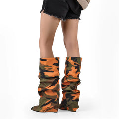 Camouflage pleated wedge knee-high boots standing side view