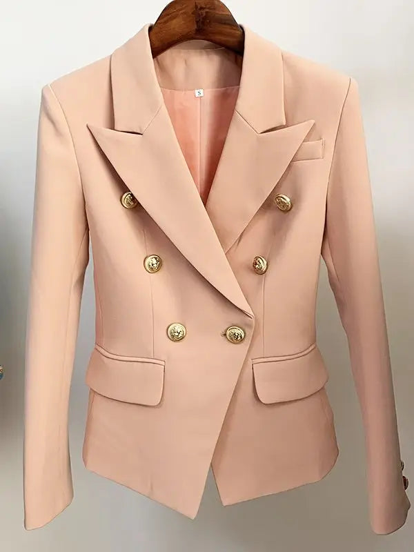 Pale pink double-breasted blazer with gold lion buttons and notched lapels.