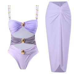 One-Shoulder Swimsuit with Oversized Flower Detail and Matching Printed Sarong Set