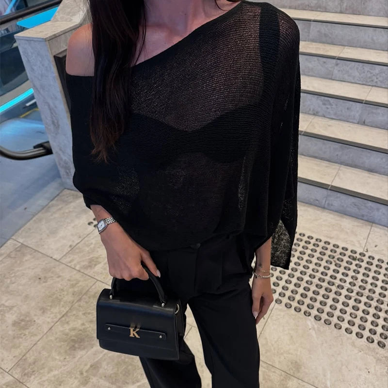 Asymmetrical knit shawl top in black