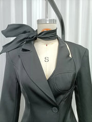 Black Bow Scarf Collar Hollow Out Lapel Collar Blazer