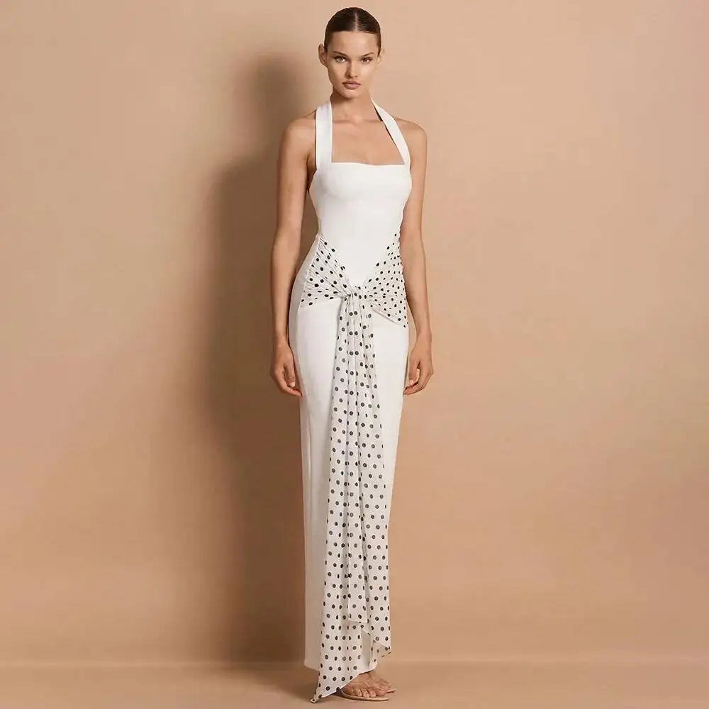 White halter neck polka dot maxi dress with waist tie