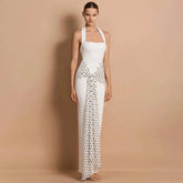 White halter neck polka dot maxi dress with waist tie