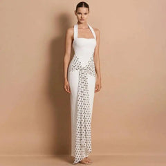 White halter neck polka dot maxi dress with waist tie