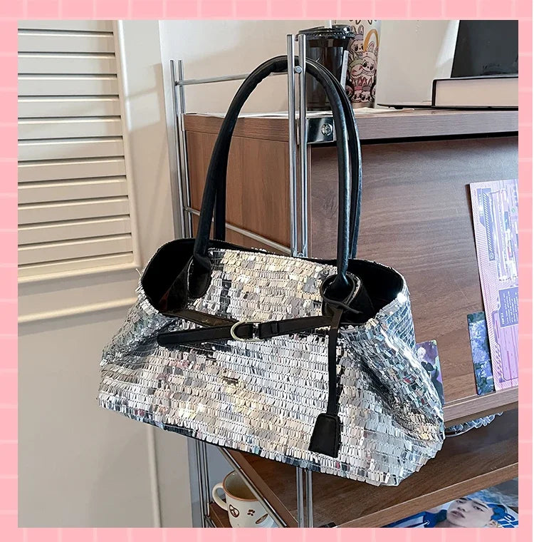 Sequin casual tote bag with black interior and handles
