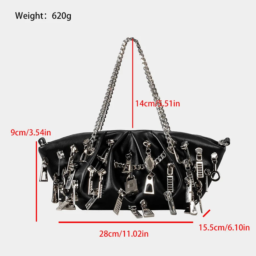 Black handbag with keychain details and measurements on a white background