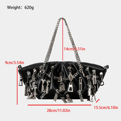 Black handbag with keychain details and measurements on a white background
