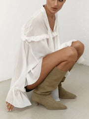 White Flounce V-Neck Flare Sleeve Ruffle Blouse