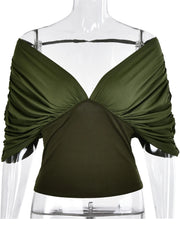 Green Off Shoulder Gathered Open Back Top