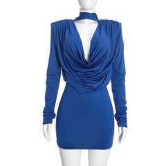 Long Sleeve Draped Choker Neckline Mini Dress
