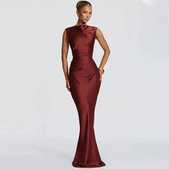 Merlot satin cowl neck mermaid maxi dress