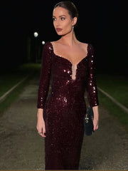 Burgundy off shoulder mesh sequin maxi gown.