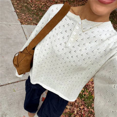 Eyelet Knit Button Placket Top