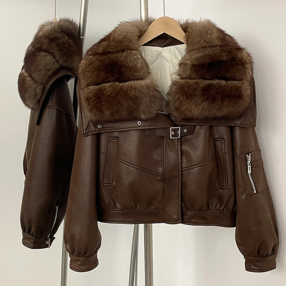 Brown leather jacket with fur collar on a hanger against a white background