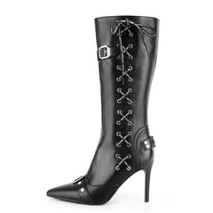 Faux Leather Pointed Toe Buckle Detail Boots