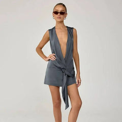 Gray v-neck knot front mini dress