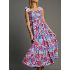 Floral Print Smocked Square Neck Maxi Dress