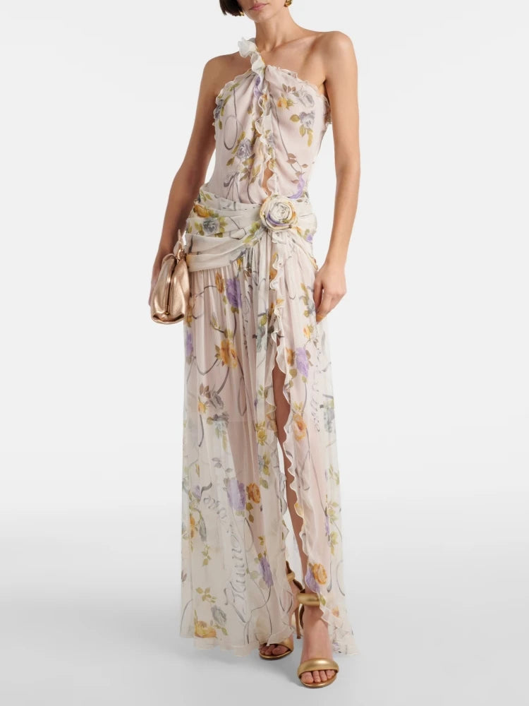 One-shoulder ruffled print asymmetrical neckline sleeveless ankle-length sheath dress