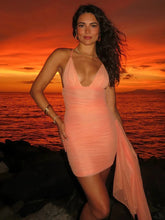 Orange Spaghetti Strap Pleated Bodycon Mini Dress