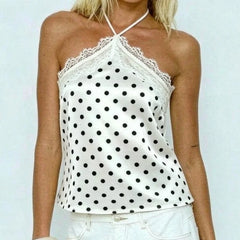 Polka Dot Lace Trim Halter Top