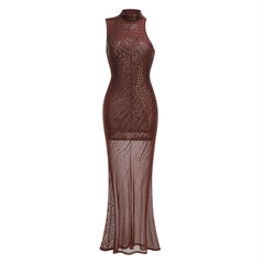 Brown Crystal Embellished Mock Neck Maxi Dress