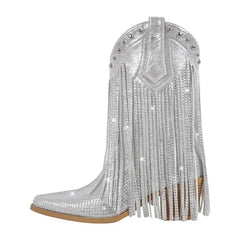 Silver glittery cowboy boot with fringes on a white background