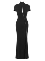 Black Cut Out Zipper High Neck Maxi Dress
