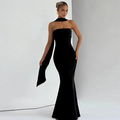 Strapless Maxi Dress with Sculpted Scarf Collar