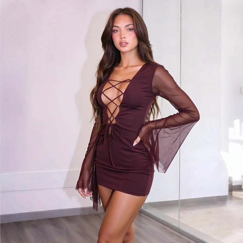 Burgundy mesh lace up mini dress detail