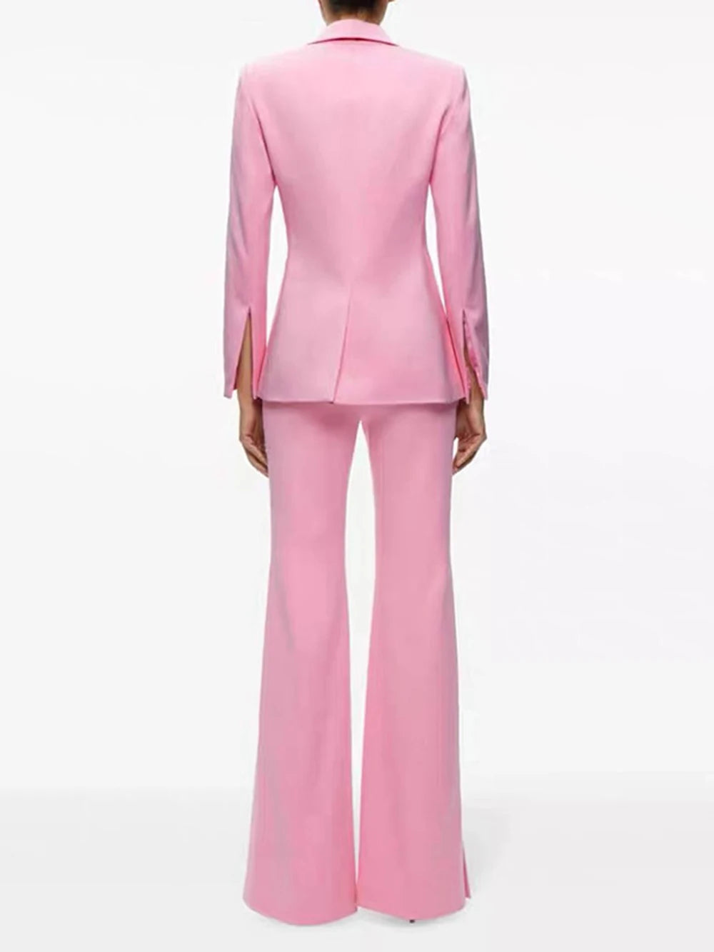 Pink single button blazer with split flare pants from behind