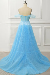 Light blue off-shoulder evening gown on a mannequin against a white wall.